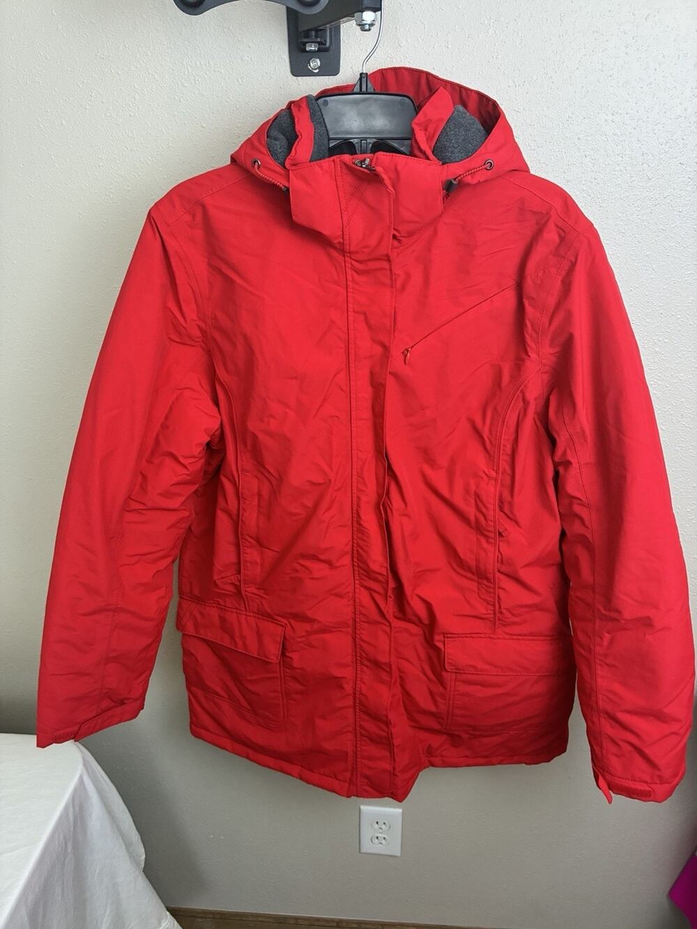 Lands' End Squall Jacket Kids L 14-16 Red Hooded Fleece Lined Waterproof
